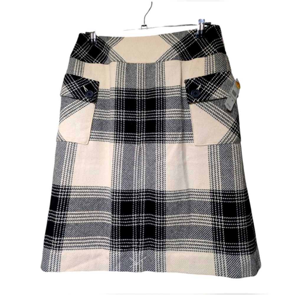 Talbots NWT-$78 Plaid Women's Skirt Tweed Wool Blend Cream Black Pockets Sz. 4P